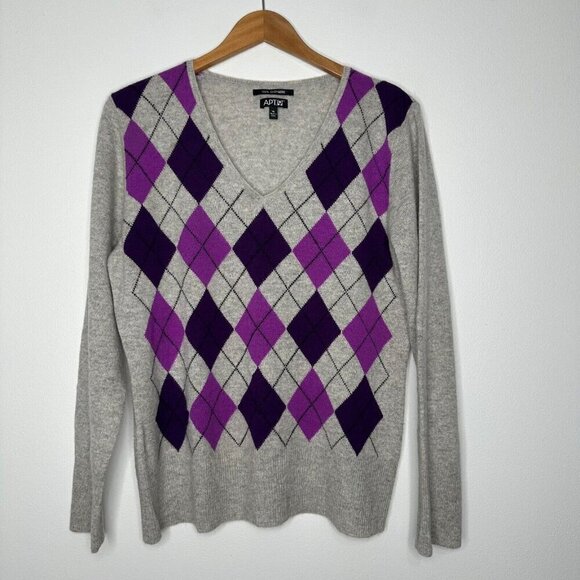 Apt 9 Cashmere Sweater Size XL Argyle Gray Purple V-Neck Long Sleeve Soft - Picture 1 of 10